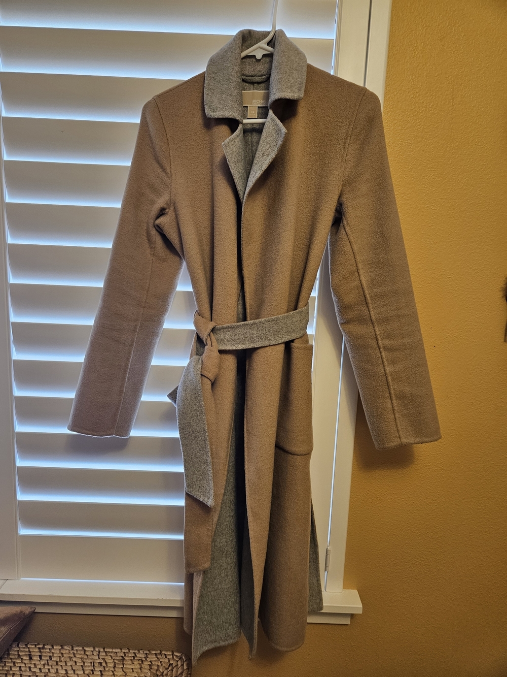 Womens Camel & Gray Belted Wool-Blend Coat Michael Kors